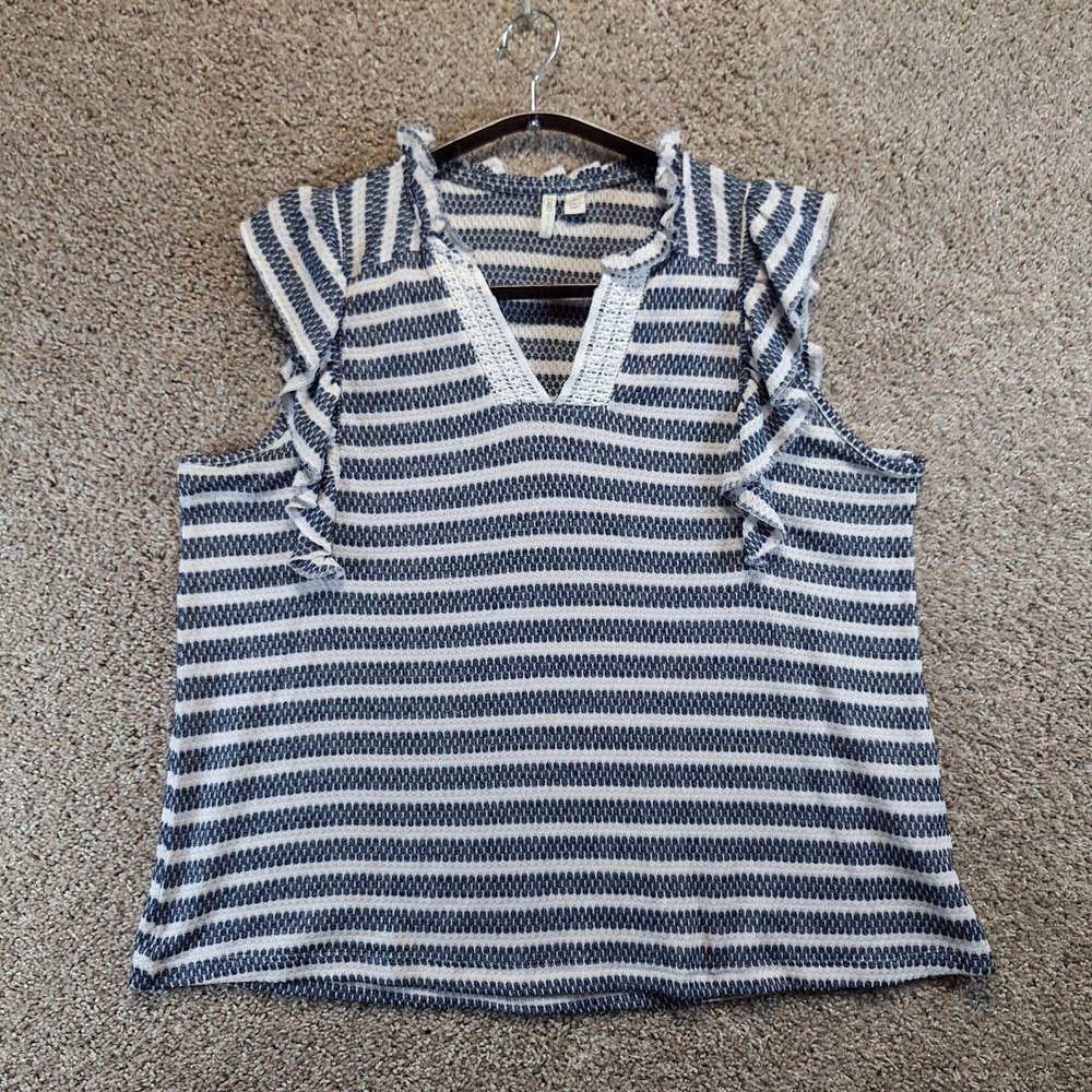 Cato Top Women XL Blue‎ Striped Ruffle Sleeve V-Neck Casual Boho Streetwear
